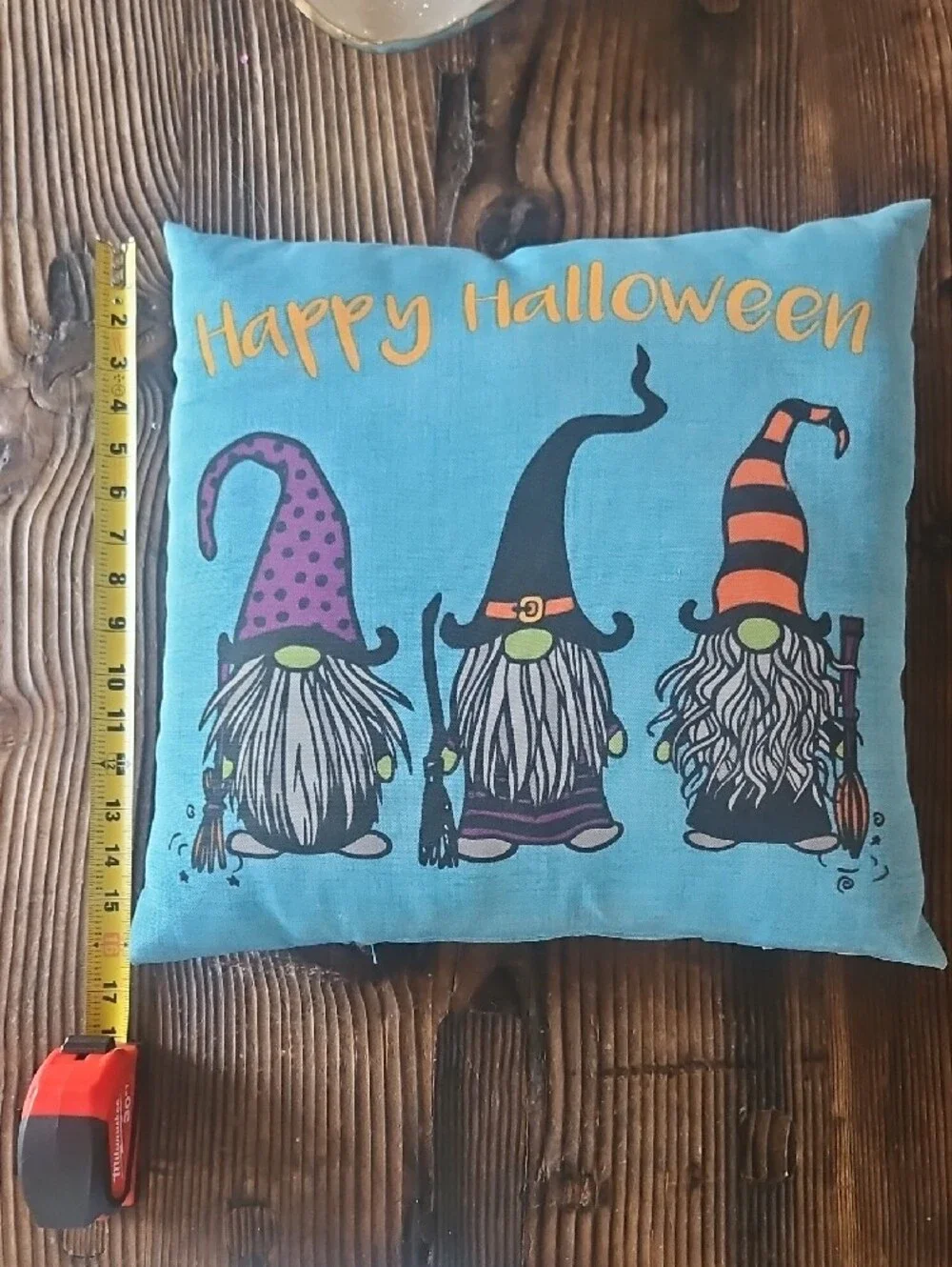 Happy Halloween Gnome Decorative Pillow - Teal with Orange Accents